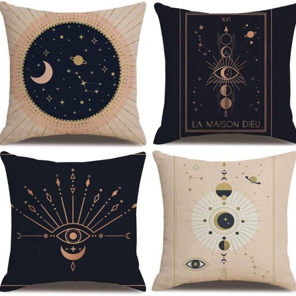 Set of 4 Sun,Moon, Pink Gold Black Eye of Wisdom Throw Pillow Covers